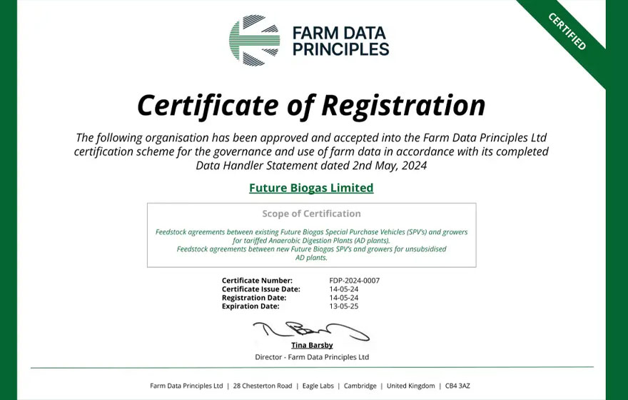 Future Biogas Certified with Farm Data Principles | News | News & Resources | Future Biogas